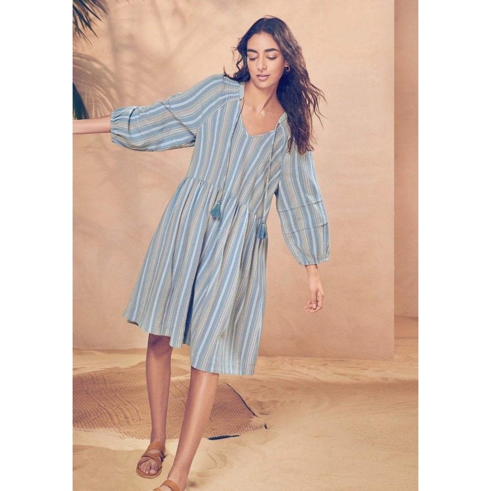 Wrap London Blue Striped Boho Tassel Tie Cotton Popover Dress Midi 14